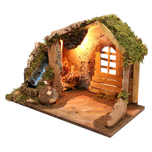 Wooden nativity stable with miniature waterfall, 14 cm nativity 2