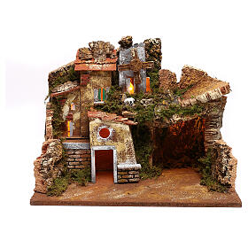 Rustic nativity village with house and working wind mill, 9 cm