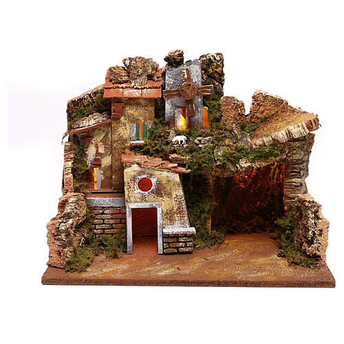 Rustic nativity village with house and working wind mill, 9 cm 1