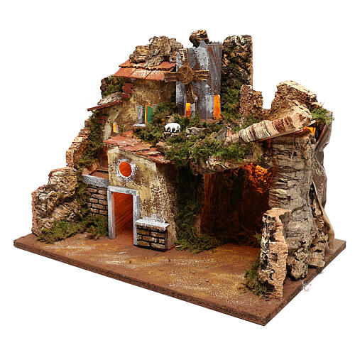 Rustic nativity village with house and working wind mill, 9 cm 2
