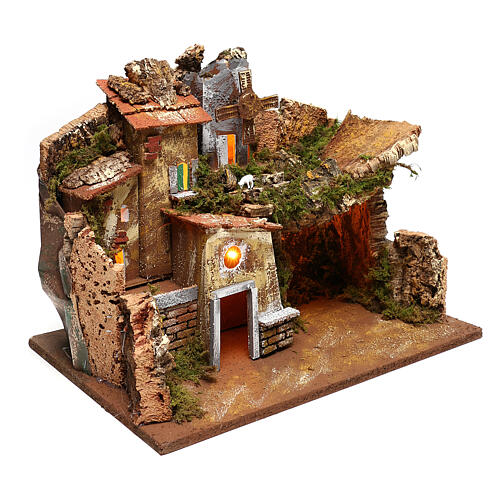 Rustic nativity village with house and working wind mill, 9 cm 3