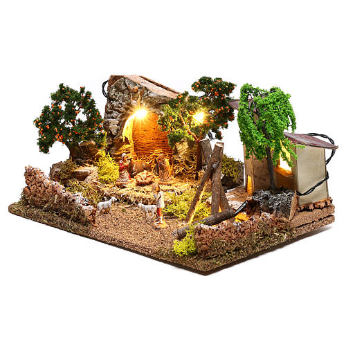 Paisagem com luzes e Natividade 10x25x20 cm para presépio com figuras de 3-4 cm de altura média 2