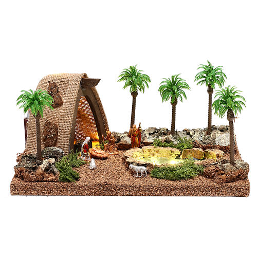 Lighted Nativity scene with grotto and palms 10x25x20 cm, 4 cm nativity 1