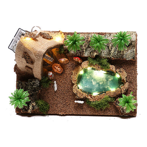 Lighted Nativity scene with grotto and palms 10x25x20 cm, 4 cm nativity 2