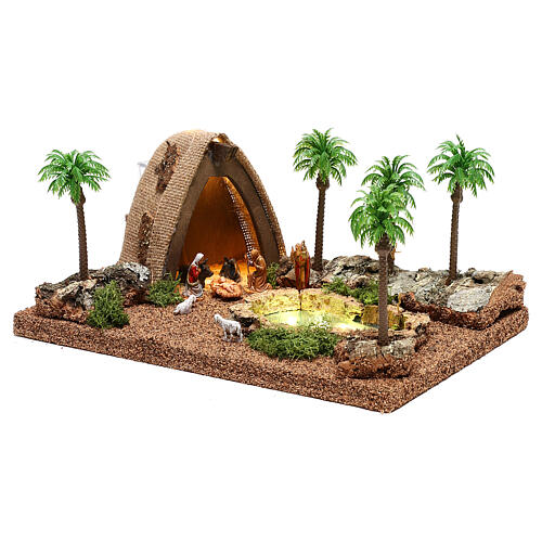 Lighted Nativity scene with grotto and palms 10x25x20 cm, 4 cm nativity 3