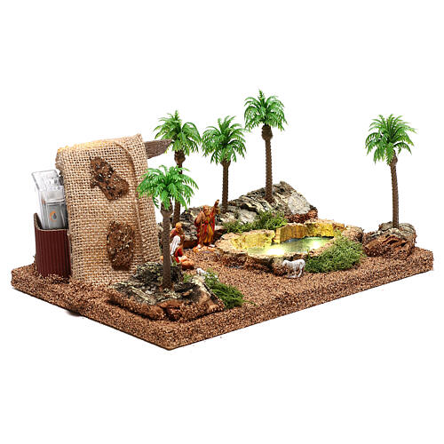 Lighted Nativity scene with grotto and palms 10x25x20 cm, 4 cm nativity 4