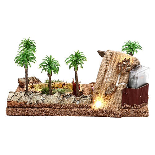 Lighted Nativity scene with grotto and palms 10x25x20 cm, 4 cm nativity 5