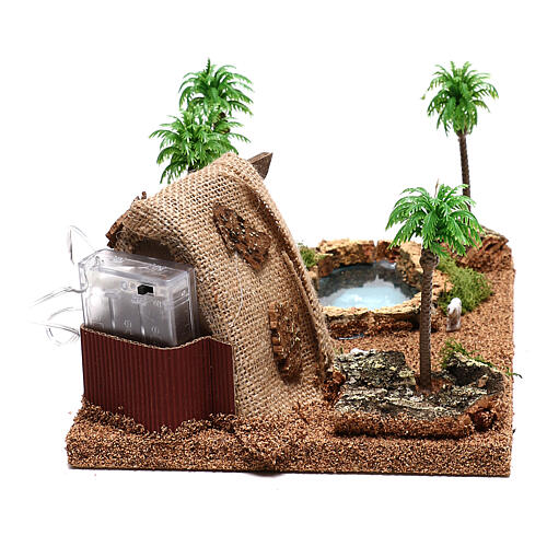 Lighted Nativity scene with grotto and palms 10x25x20 cm, 4 cm nativity 6
