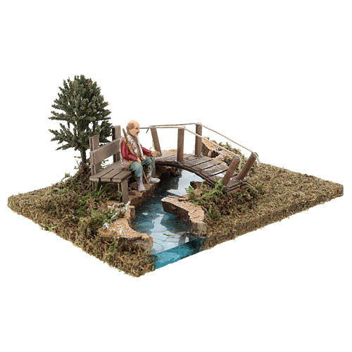 Trecho de rio (componível) com ponte e homem idoso 10x25x20 cm para presépio com figuras de 8-10 cm de altura média 4