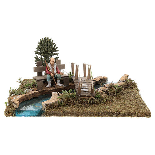 Section of river (modular) with bridge and old man 10x25x20 cm, 8-10 nativity 1