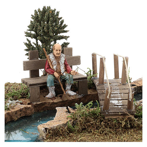 Section of river (modular) with bridge and old man 10x25x20 cm, 8-10 nativity 2