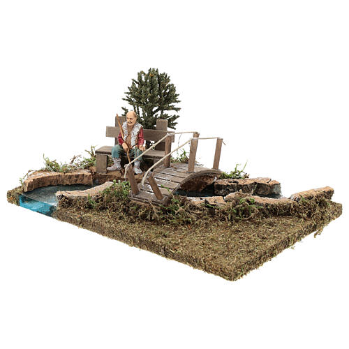Section of river (modular) with bridge and old man 10x25x20 cm, 8-10 nativity 3
