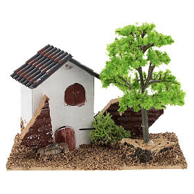 Casinha com árvore 10x15x10 cm cenário para presépio com figuras de 3-4 cm de altura média