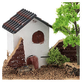 Casinha com árvore 10x15x10 cm cenário para presépio com figuras de 3-4 cm de altura média