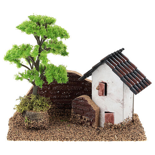Häuschen mit Baum und Mauer für Krippe, 15x15x10 cm 1