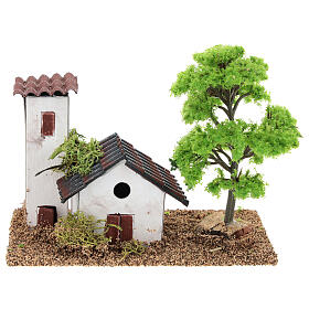 Haus mit Turm und Baum für Krippe, 10x15x10 cm