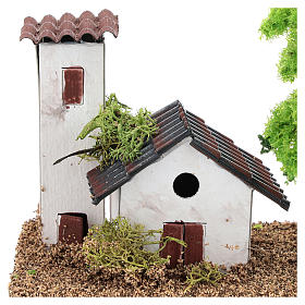 Casinha com torre 10x15x10 cm cenário para presépio com figuras de 3-4 cm de altura média