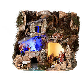 Landscape with cave and Holy Family, with night light effect 30x35x25 cm