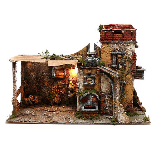 Neapolitan Nativity scene village setting with waterfall for 10 cm characters 1