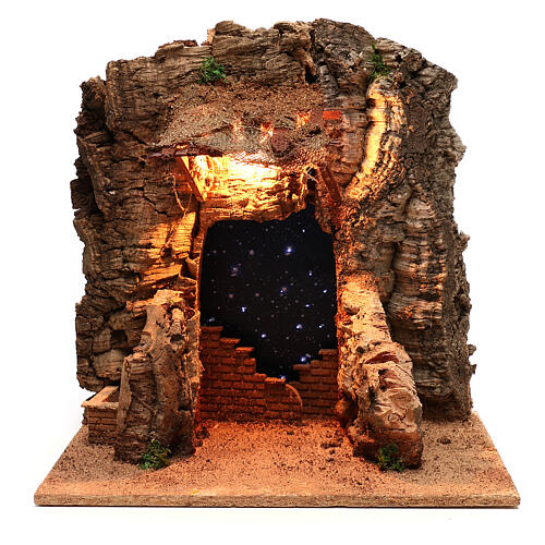 Rustic Nativity stable with nighttime background, for 10 cm Neapolitan nativity 1