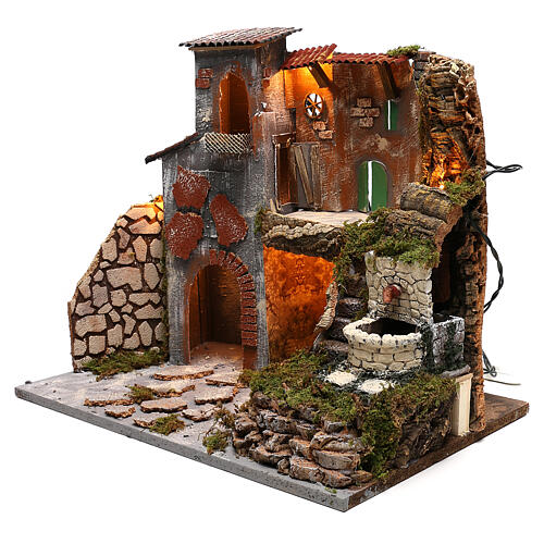 Nativity set village with lights working fountain 30x45x40 cm, for 8 cm nativity 2