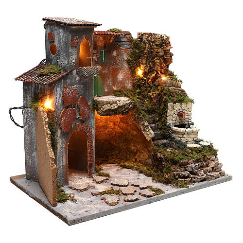 Nativity set village with lights working fountain 30x45x40 cm, for 8 cm nativity 3