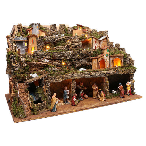Nativity scene setting village with lights, waterfall and 10 cm characters 50x80x80 cm 4