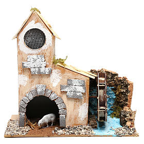 Settings, houses, workshops, wells: Cottage for Nativity scene with fake water mill for Nativity scene 8-10 cm