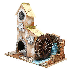Settings, houses, workshops, wells: Cottage for Nativity scene with fake water mill for Nativity scene 8-10 cm