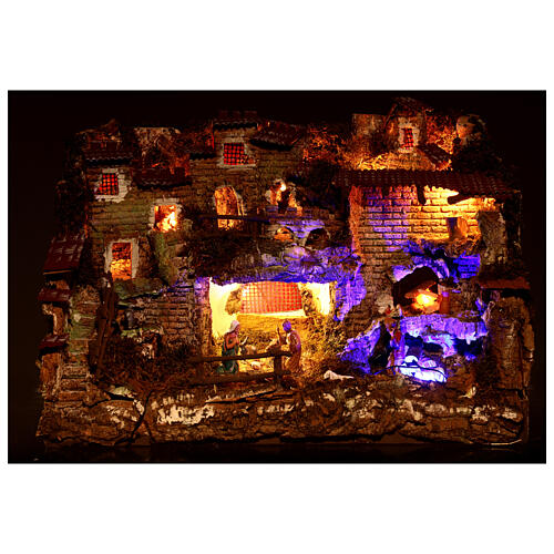 Nativity scene village with fountain and lights, night effect 6 cm 2
