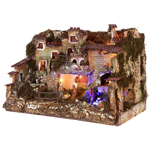 Nativity scene village with fountain and lights, night effect 6 cm 3