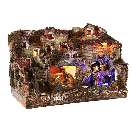 Nativity scene village with fountain and lights, night effect 6 cm 5