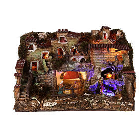 Nativity set village with fountain and night time effect, 6 cm