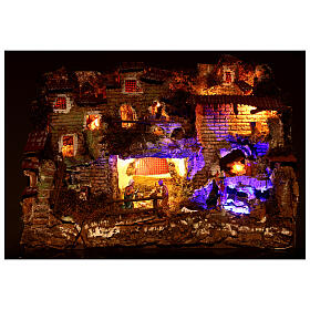 Nativity set village with fountain and night time effect, 6 cm