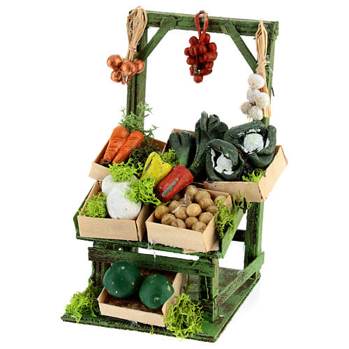 Banca inclinada de verduras e legumes em caixas, miniatura para presépio napolitano com figuras altura média 6-8 cm 2