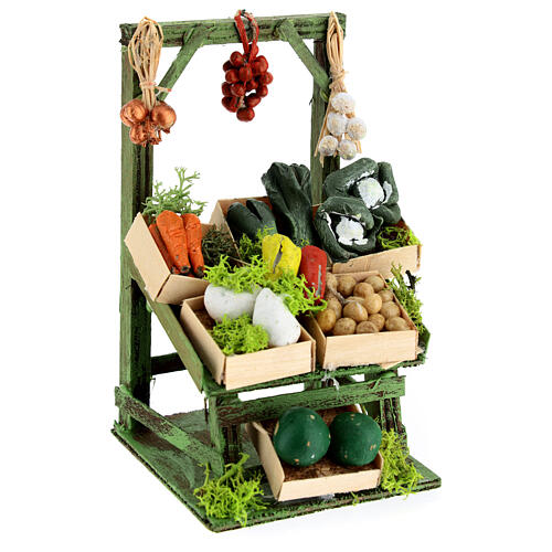 Banca inclinada de verduras e legumes em caixas, miniatura para presépio napolitano com figuras altura média 6-8 cm 3