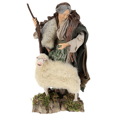Vieille dame avec mouton pour crèche Naples style XVIII de 35 cm 1