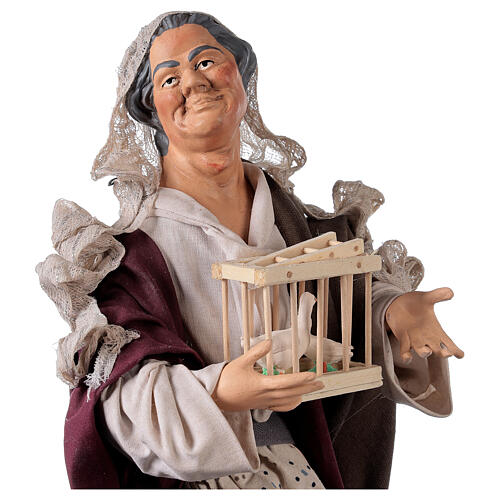 Mulher com cesta de ovos e gansos numa gaiola para presépio napolitano com figuras de 30 cm de altura média 2