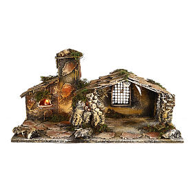 Illuminated stable with fire effect oven for Neapolitan Nativity Scene 25x50.7x27 cm