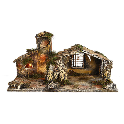 Illuminated stable with fire effect oven for Neapolitan Nativity Scene 25x50.7x27 cm 1