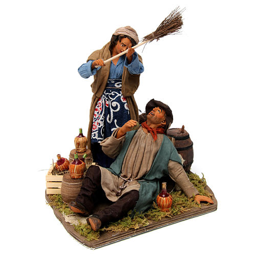 Animated woman beating her drunken husband Neapolitan Nativity 30 cm 1