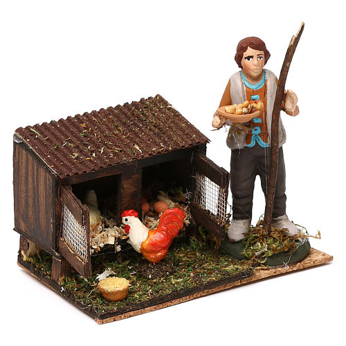 Man in the henhouse with tray full of feed for Neapolitan Nativity Scene 8/10 cm 3