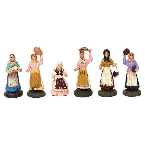 Conjunto 6 mulheres terracota pintada para presépio napolitano com peças de 8 cm altura média 1