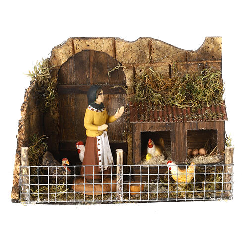 Cena mulher no galinheiro terracota pintada para presépio Nápoles com peças de 8 cm altura média 1