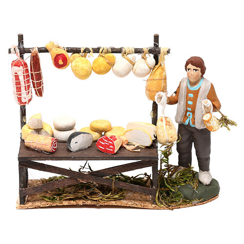 Cena banca queijo com pastor terracota pintada para presépio Nápoles com peças de 8 cm altura média 1