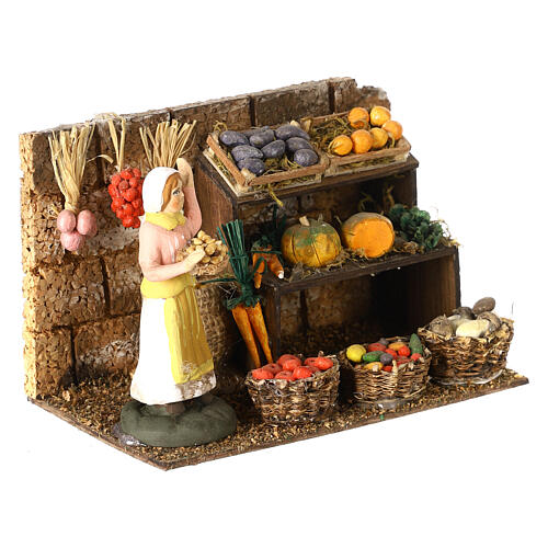 Scène vendeuse fruits et légumes avec étal terre cuite peinte 8 cm 3