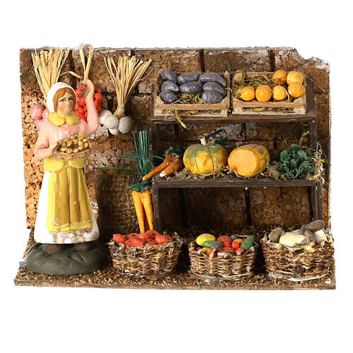Cena vendedora de frutos e legumes terracota pintada para presépio Nápoles com peças de 8 cm altura média 1