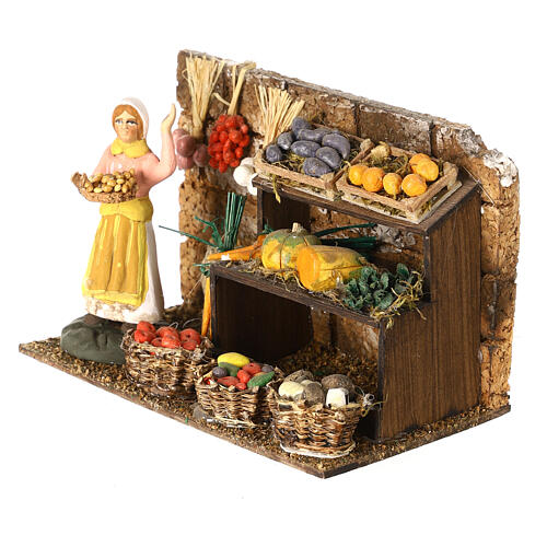 Cena vendedora de frutos e legumes terracota pintada para presépio Nápoles com peças de 8 cm altura média 2
