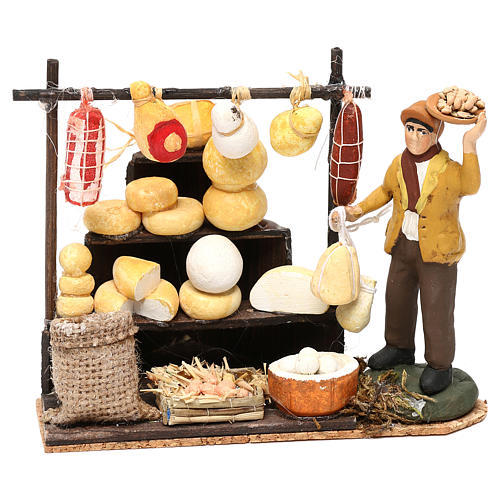 Shepherd with stall with cheese and cold cuts for Neapolitan Nativity scene of 8 cm 1