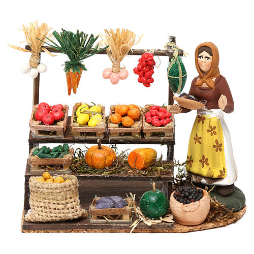 Mulher com banca frutos e legumes para presépio napolitano com peças de 8 cm altura média 1